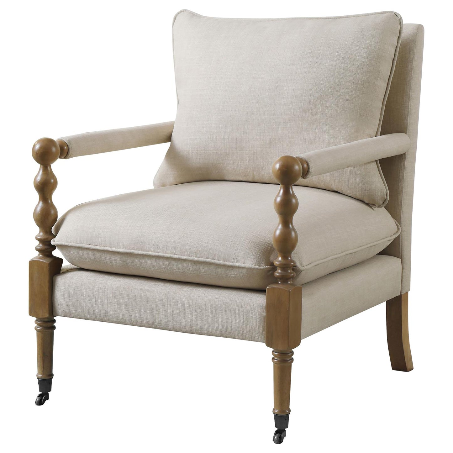 Beige Wooden Accent Chair with Turned Legs - Elegant & Mobile Design