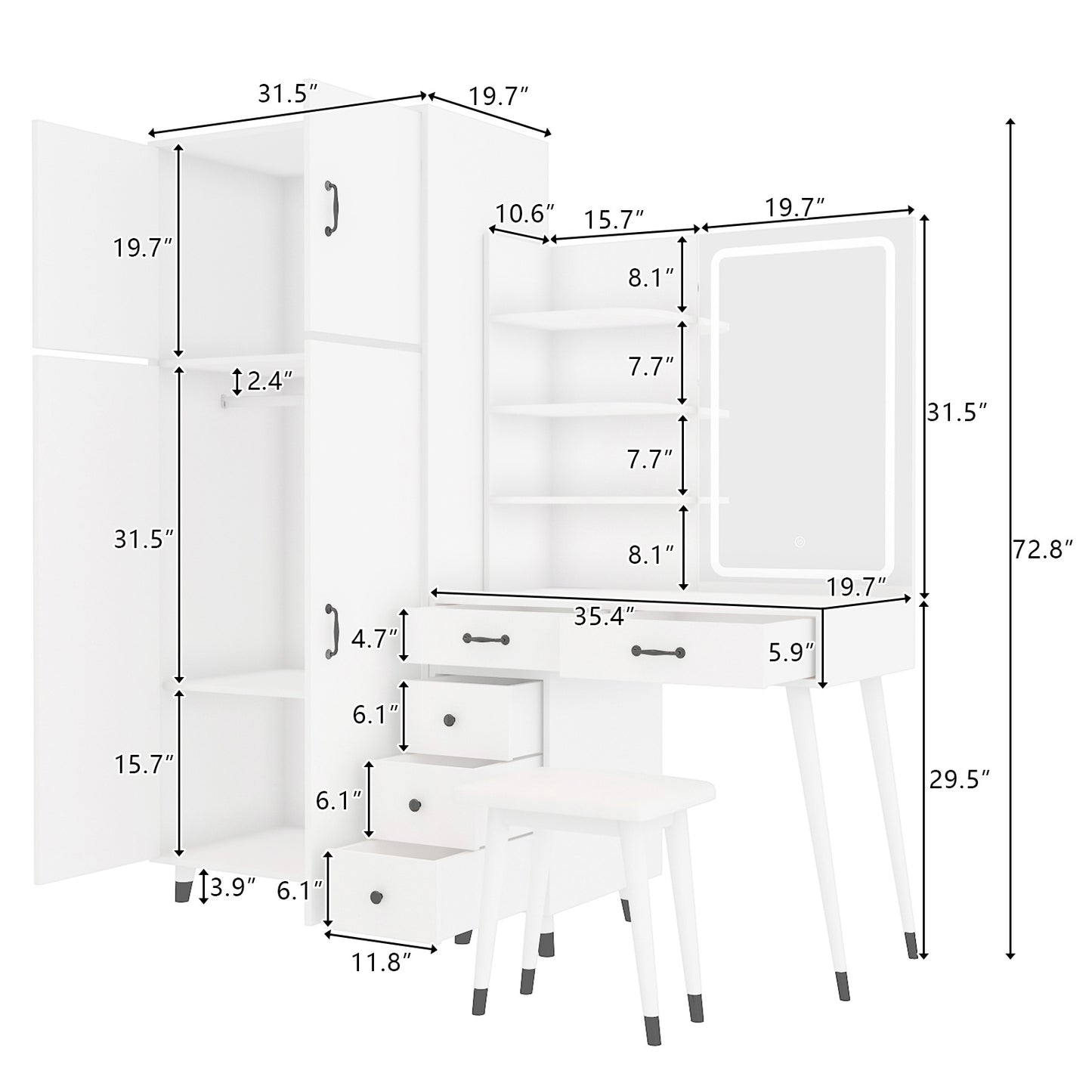 Makeup Vanity Table & Large Armoire Wardrobe Set - White, LED Mirror & Power Outlets