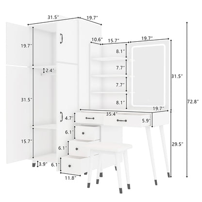 Makeup Vanity Table & Large Armoire Wardrobe Set - White, LED Mirror & Power Outlets