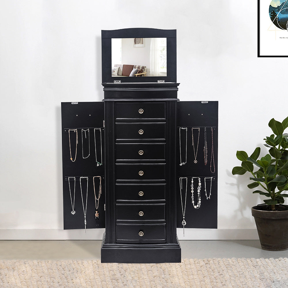 Jewelry Armoire with Mirror, 7 Drawers & 24 Necklace Hooks - Black