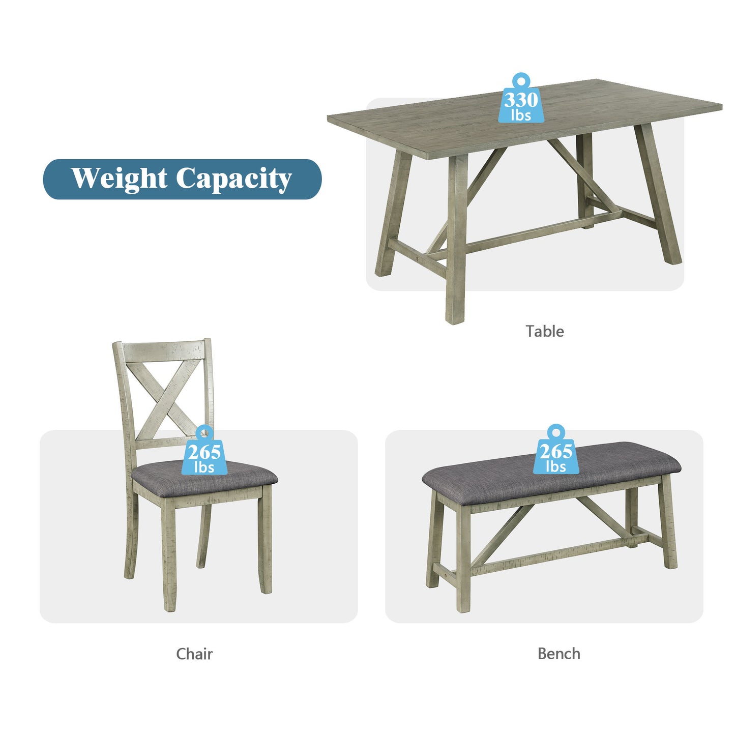 6-Piece Rustic Dining Table Set - Table, Bench & 4 Chairs