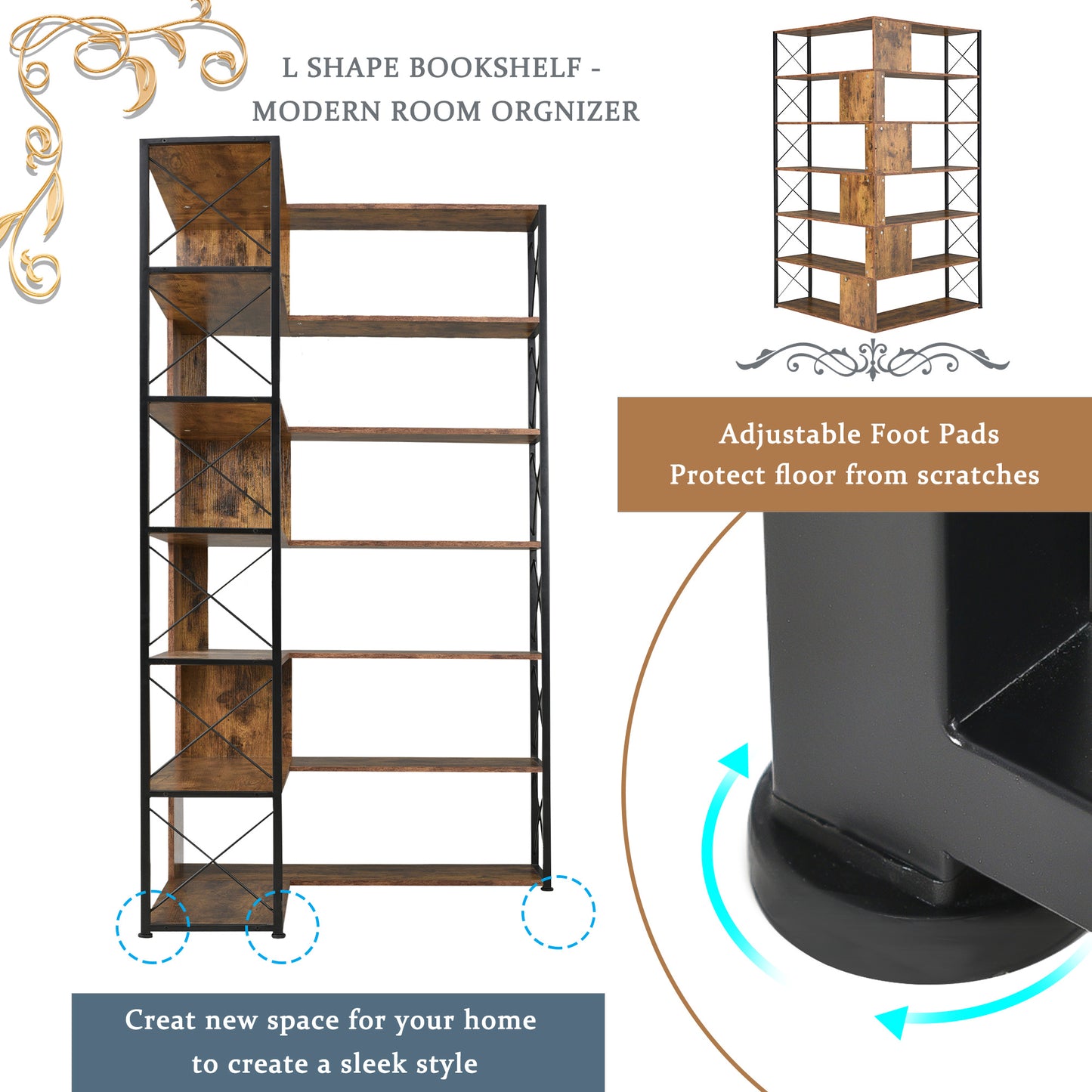 7-Tier L-Shaped Corner Bookcase - Industrial Style Home Office Bookshelf