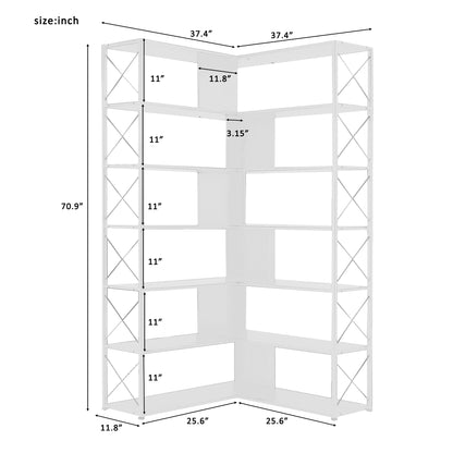 7-Tier L-Shaped Corner Bookcase - Industrial Style Home Office Bookshelf