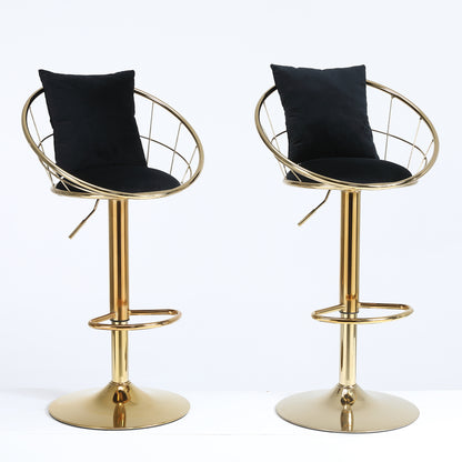 Black Velvet Bar Chair Set of 2 - Pure Gold Plated, 360° Rotation, Adjustable Height