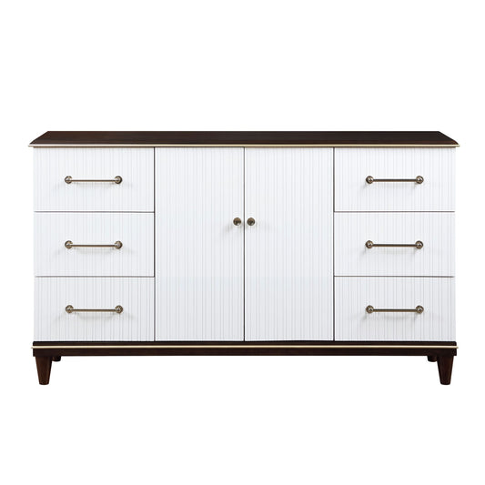 Contemporary White and Cherry Finish 6-Drawer Dresser with 2 Shelves - Modern Bedroom Furniture