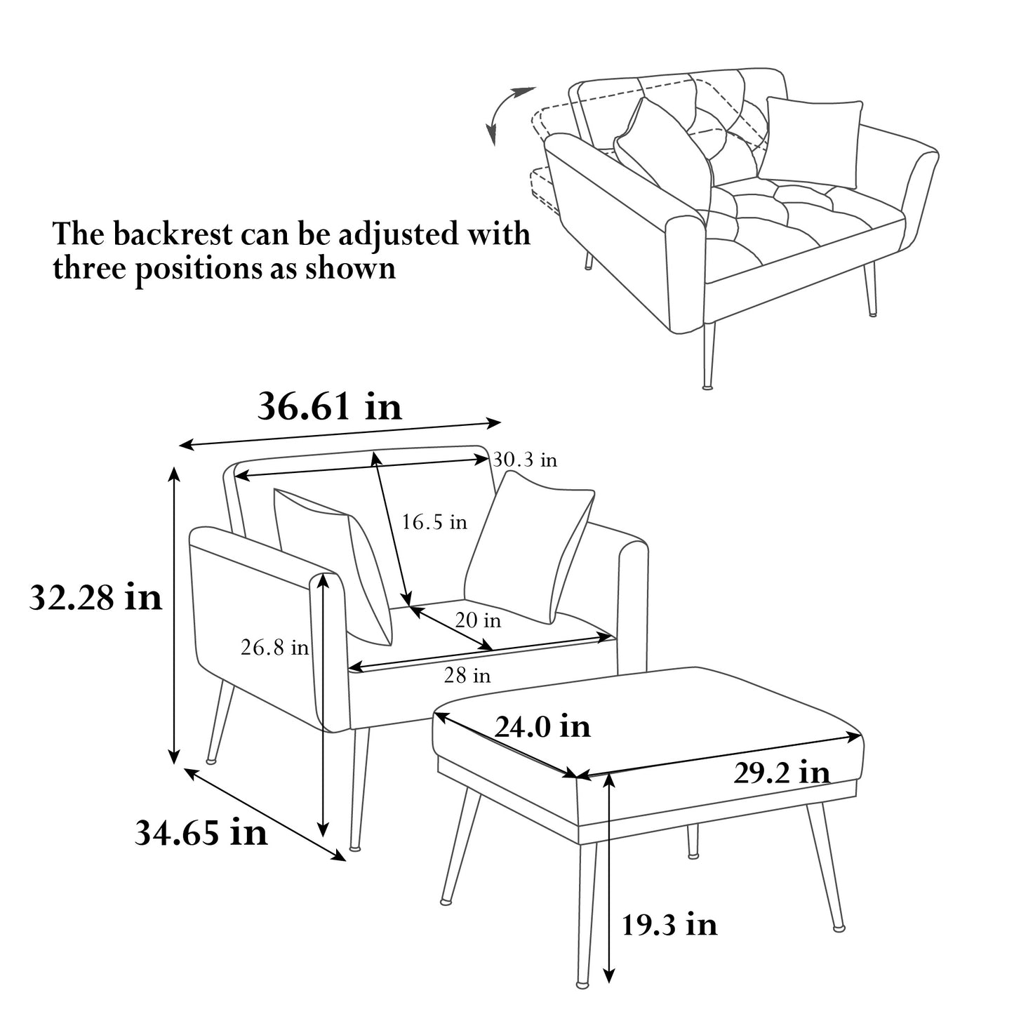 Wide Modern Accent Chair with Adjustable Backrest - Ivory Tufted Chaise Lounge & Ottoman