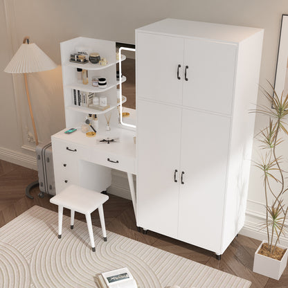 Makeup Vanity Table & Large Armoire Wardrobe Set - White, LED Mirror & Power Outlets