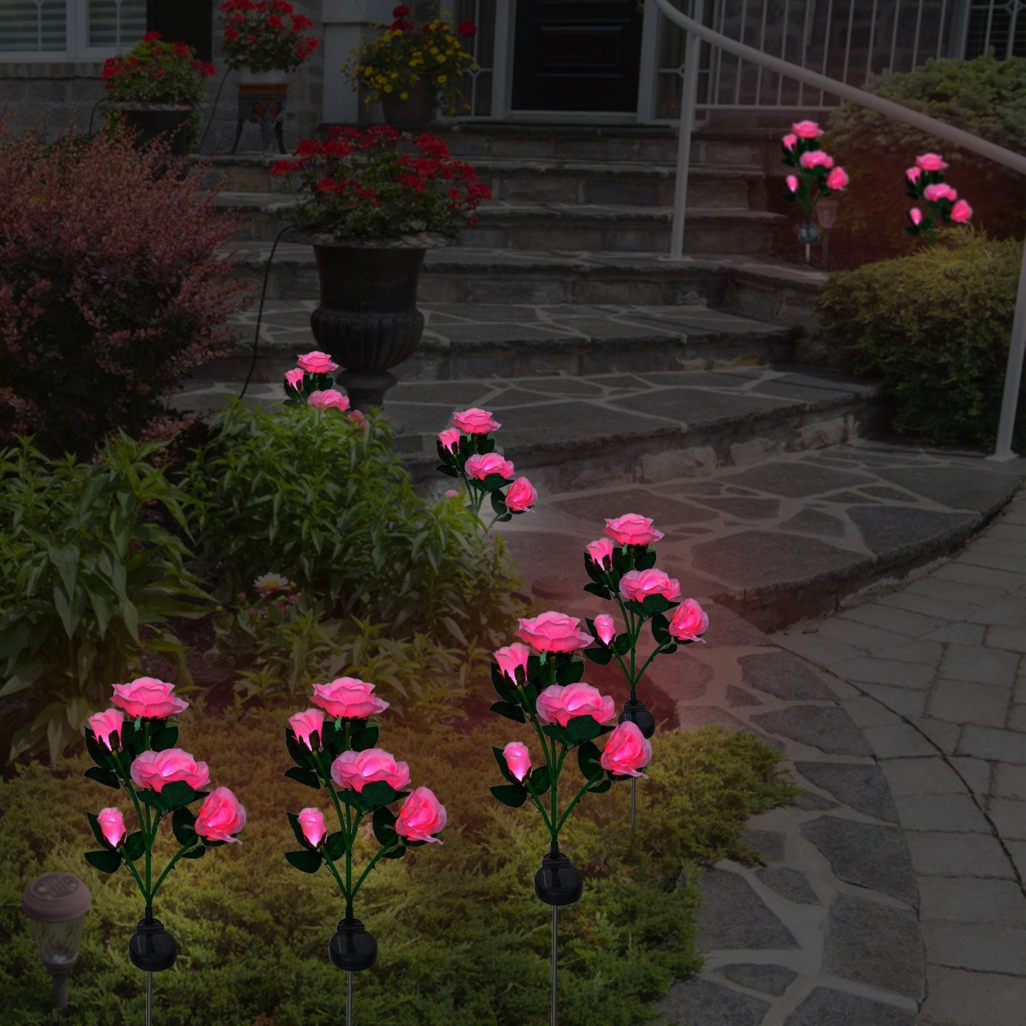 2Pcs Solar Powered Rose Flower LED Pathway Lights - Water Resistant