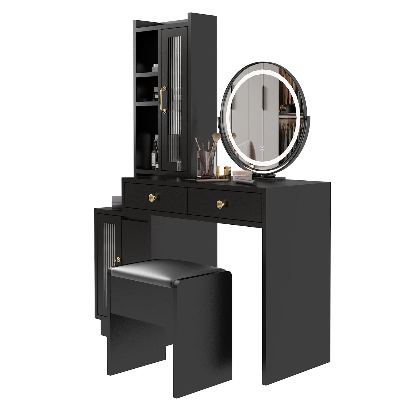 Makeup Vanity Table & Slim Armoire Wardrobe Set - Black, LED Mirror & Power Outlets