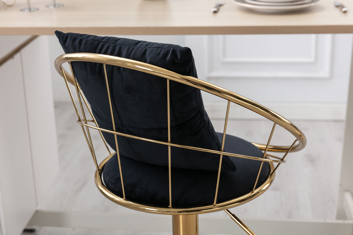 Black Velvet Bar Chair Set of 2 - Pure Gold Plated, 360° Rotation, Adjustable Height