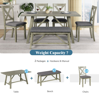 6-Piece Rustic Dining Table Set - Table, Bench & 4 Chairs