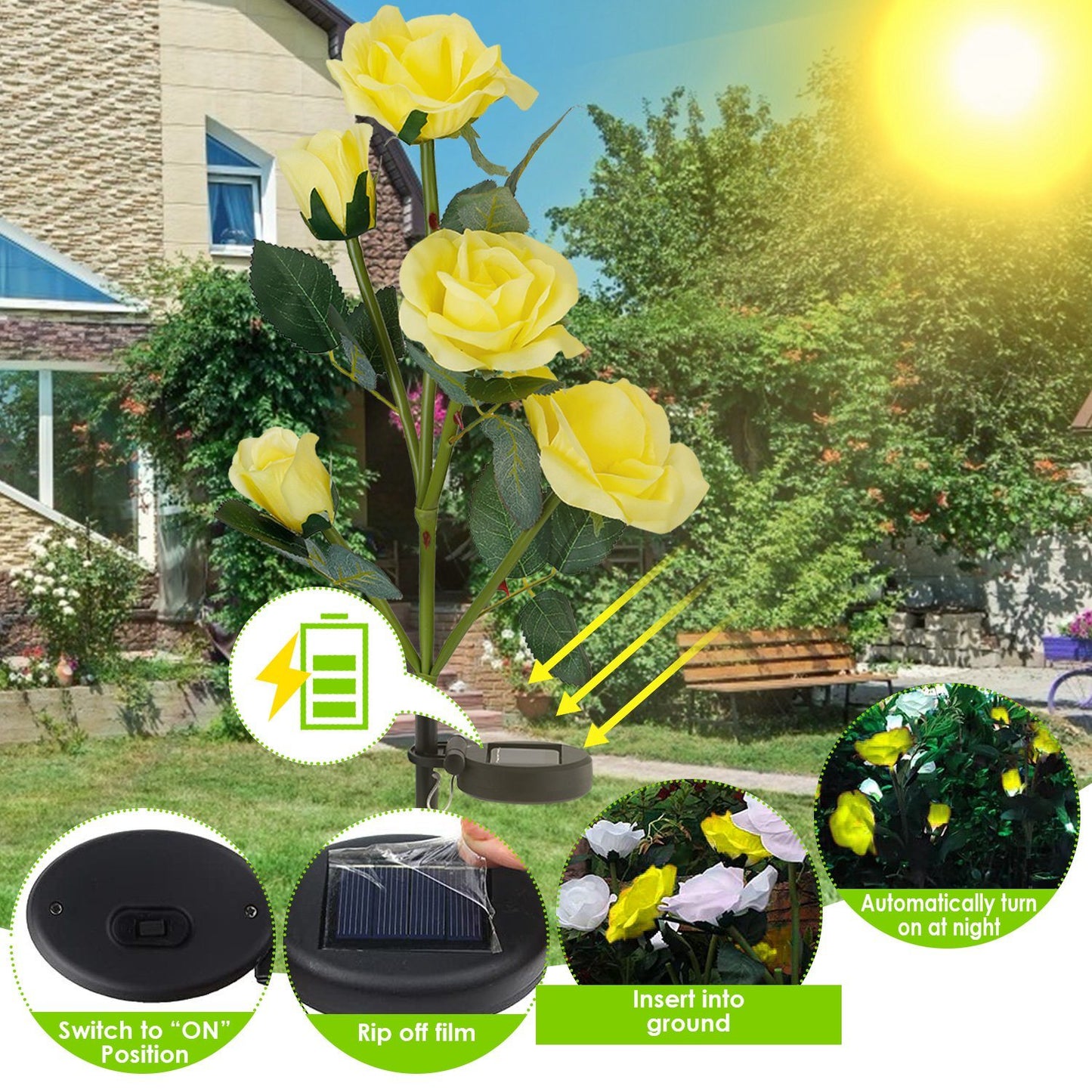 2Pcs Solar Powered Rose Flower LED Pathway Lights - Water Resistant