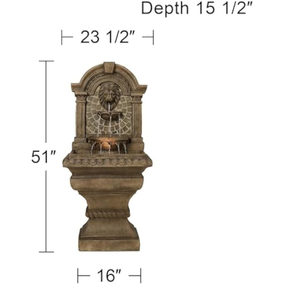 3-Tiered Wall Water Fountain with Royal Lions Head & LED Light - 51" High for Garden, Patio, Backyard, Deck