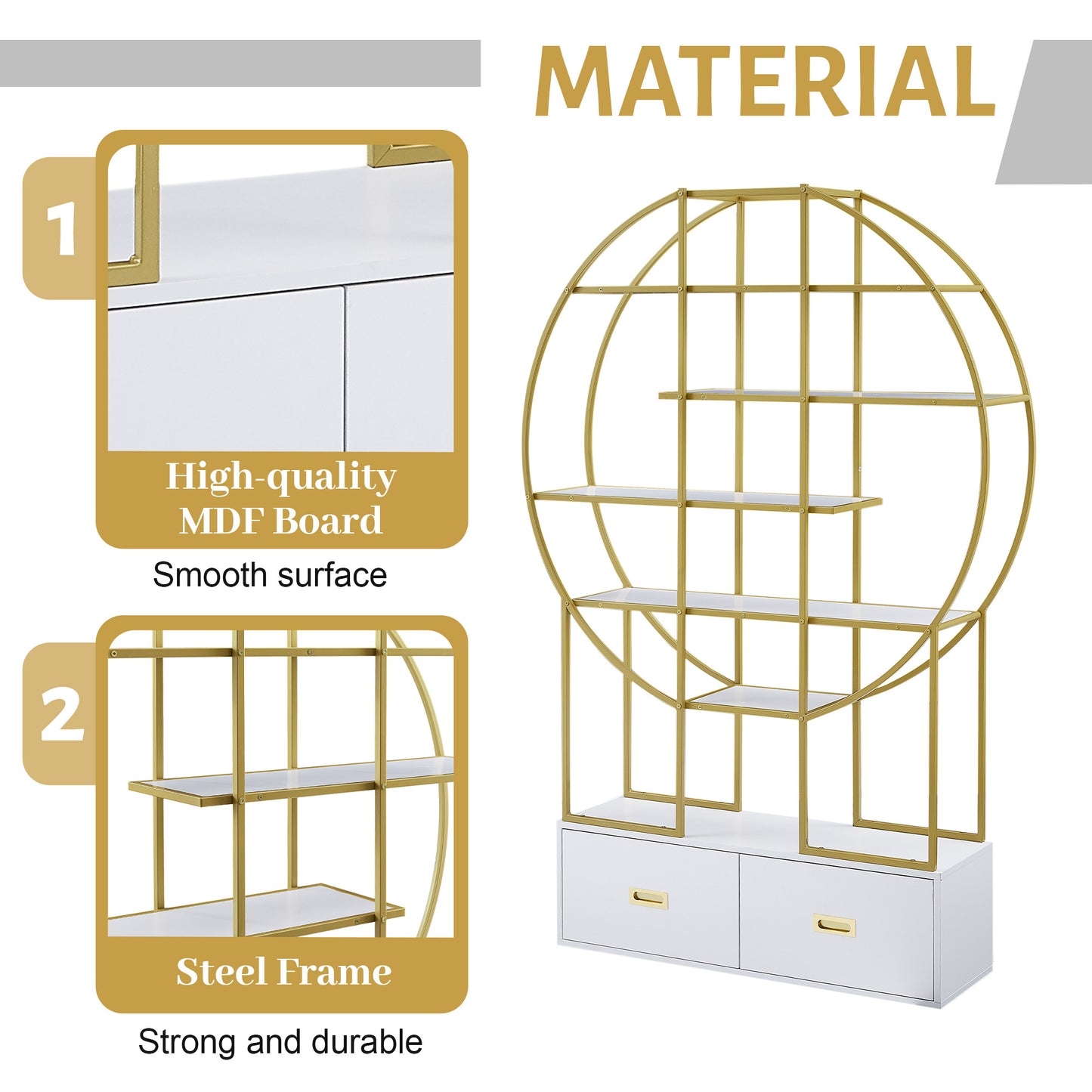 70.8" Round Office Bookcase - Bookshelf with Two Drawers & Gold Frame