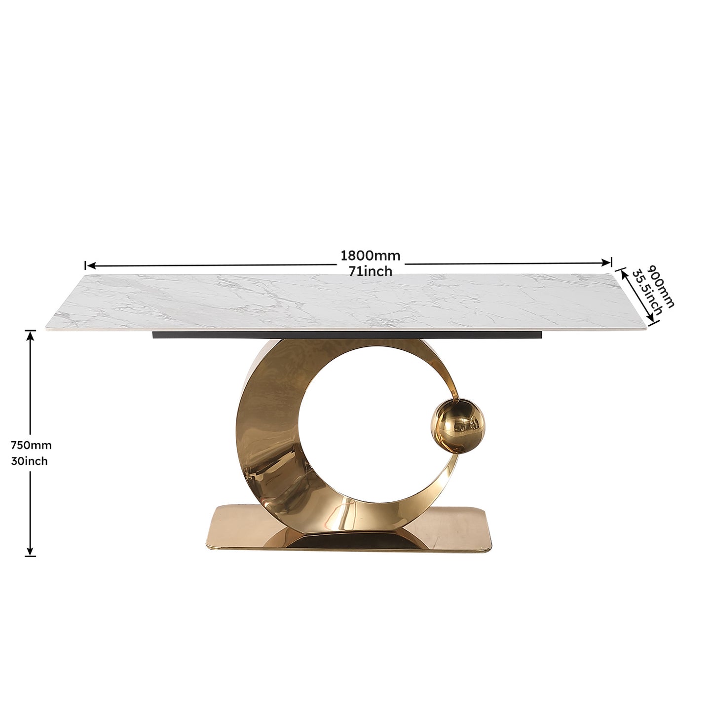 71-Inch Stone Dining Table with Carrara White Color and Round Carbon Steel Pedestal Base, Includes 6 Chairs