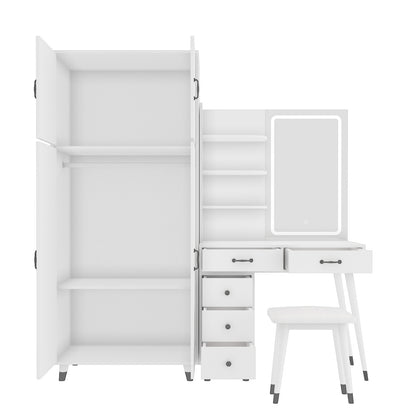 Makeup Vanity Table & Large Armoire Wardrobe Set - White, LED Mirror & Power Outlets