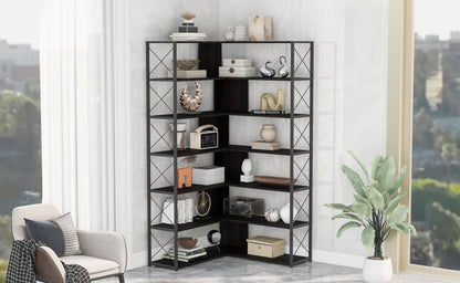 7-Tier L-Shaped Corner Bookcase - Industrial Style Home Office Bookshelf