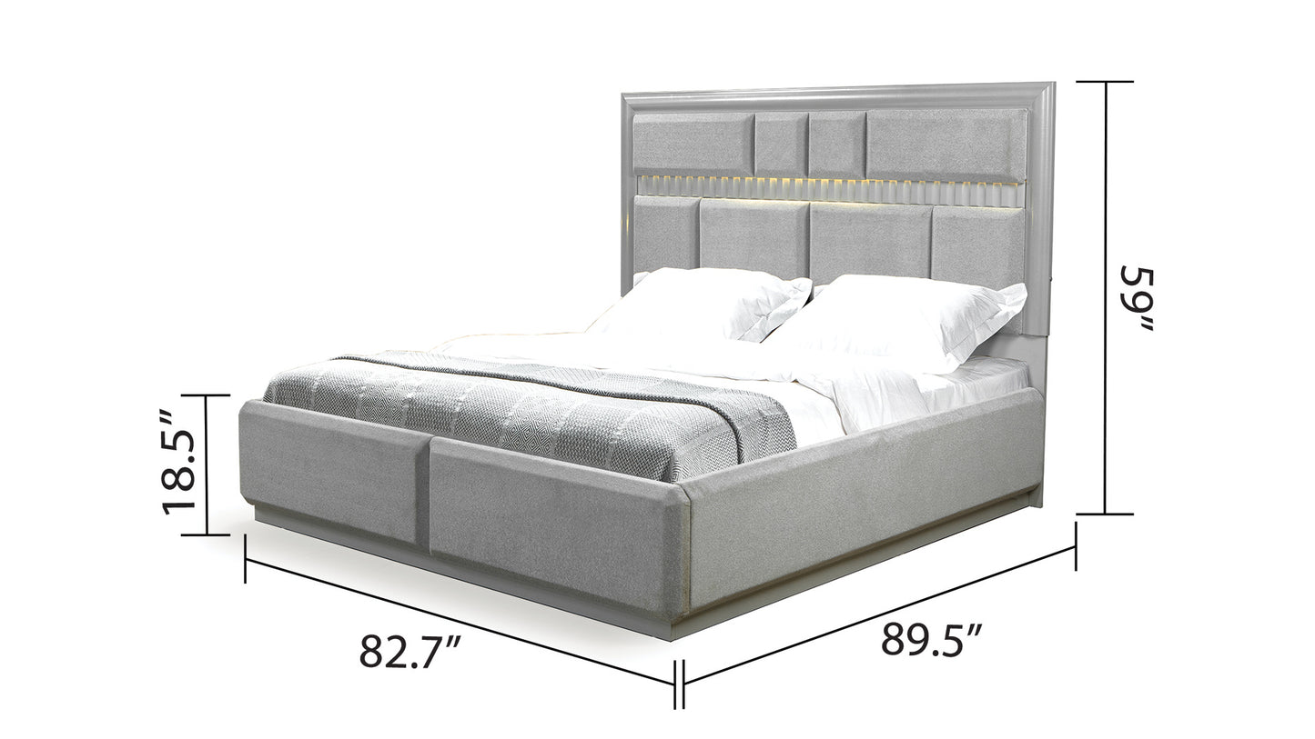 Da Vinci Modern Style King Bed - Wood, Gray with LED-Lit Headboard