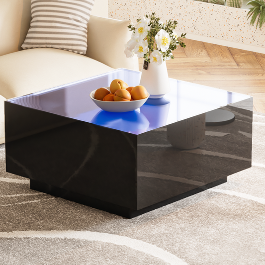 Square High Glossy Coffee Table with 16-Color LED Strip Lights | Black, 27.5" x 27.5"