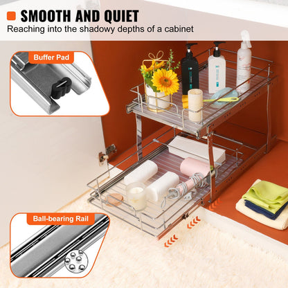 Pull Out Cabinet Organizer 2-Tier - 13"W x 21"D Heavy Duty Slide Out Shelves