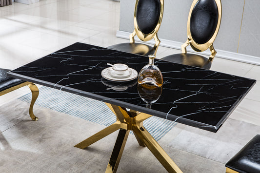 Modern Rectangular Marble Dining Table - 63"L x 35"D x 30"H, Gold Stainless Steel Base