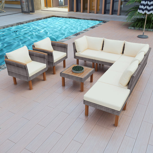 9-Piece Patio Rattan Furniture Set - Acacia Wood Legs & Tabletop