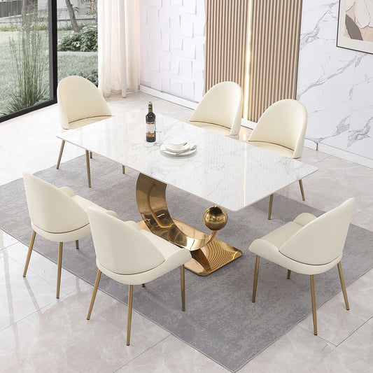 71-Inch Stone Dining Table with Carrara White Color and Round Carbon Steel Pedestal Base, Includes 6 Chairs