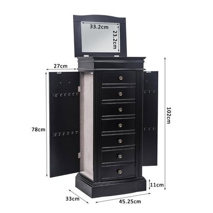 Jewelry Armoire with Mirror, 7 Drawers & 24 Necklace Hooks - Black