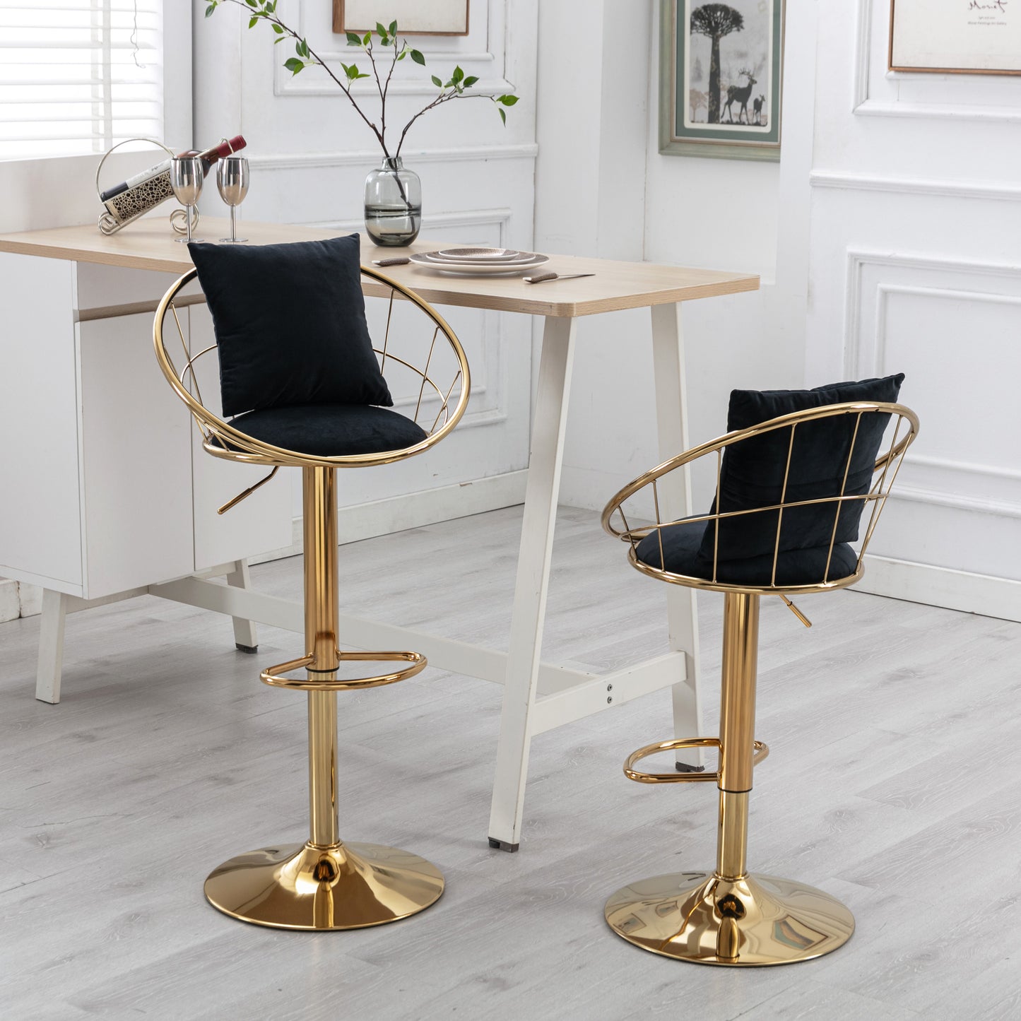 Black Velvet Bar Chair Set of 2 - Pure Gold Plated, 360° Rotation, Adjustable Height