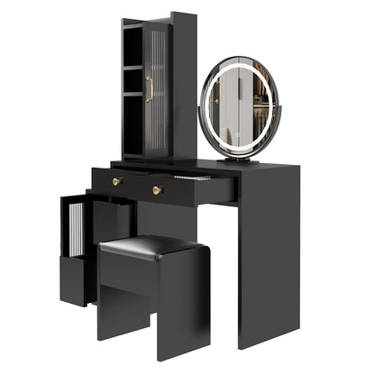 Makeup Vanity Table & Slim Armoire Wardrobe Set - Black, LED Mirror & Power Outlets