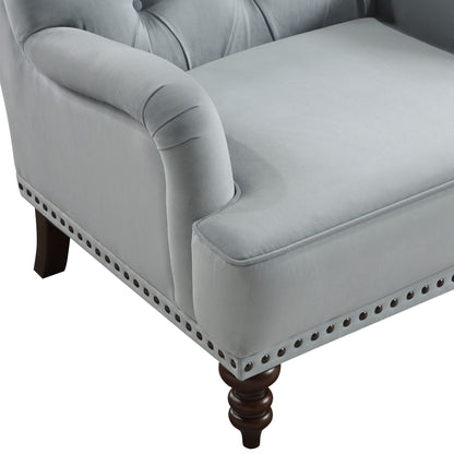 Luxurious Accent Chair Gray Velvet Upholstered Button Tufted with Nailhead Trim