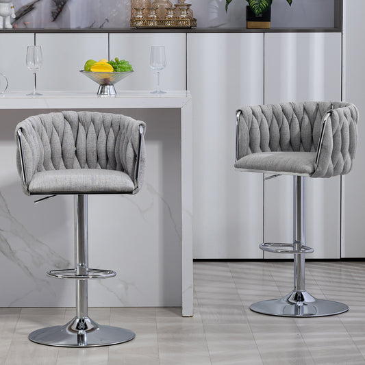 360° Swivel Fabric Bar Stools Set of 2 - Adjustable Counter Height Chairs with Woven Back & Footrest, Gray