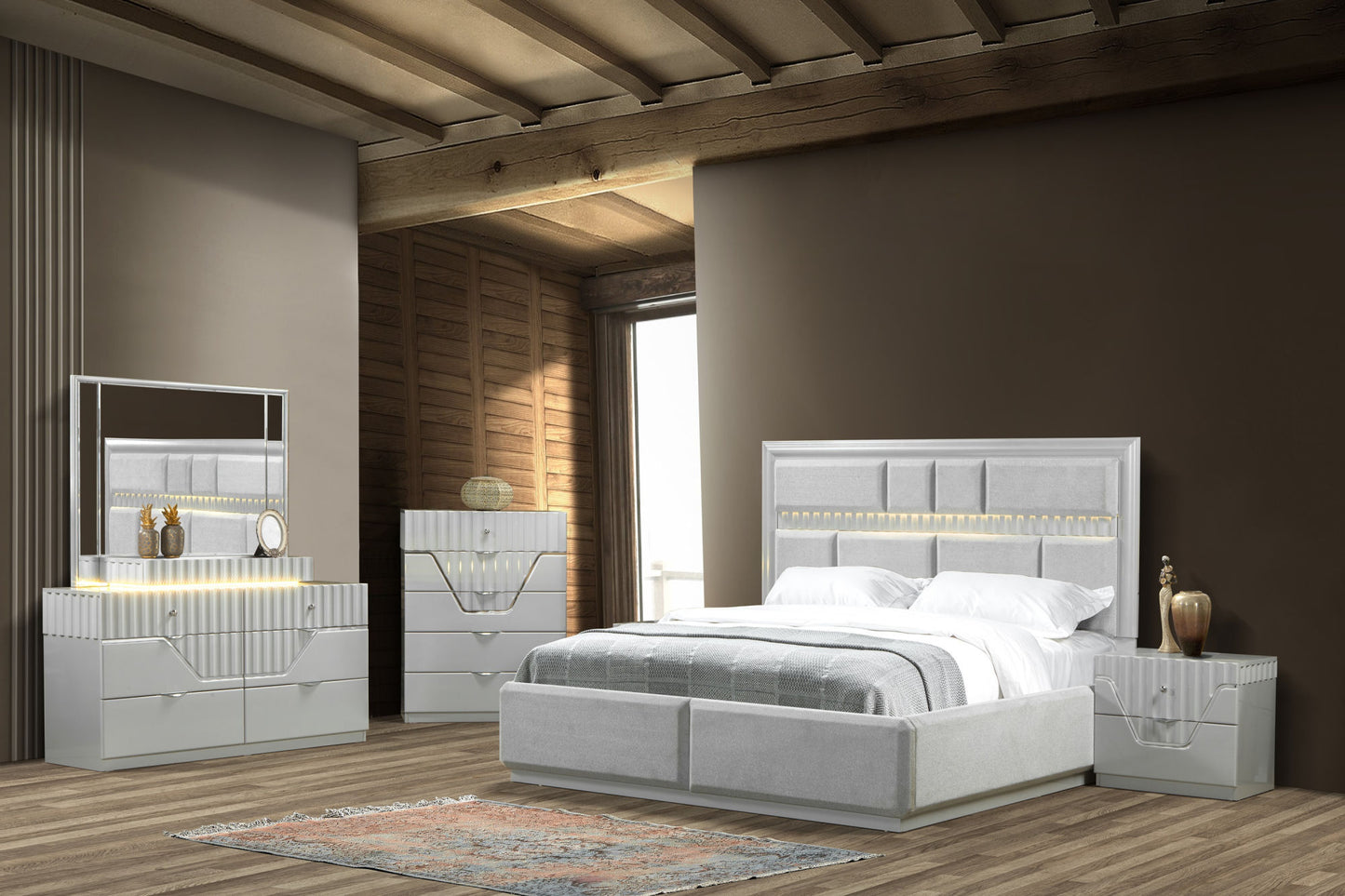 Da Vinci Modern Style King Bed - Wood, Gray with LED-Lit Headboard