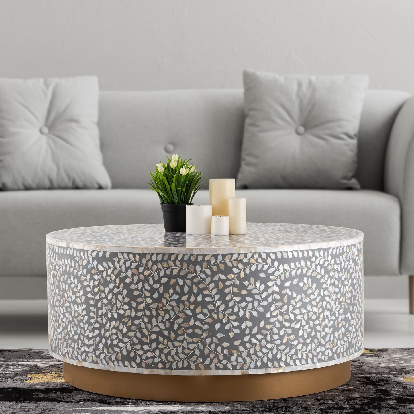 Luxe Gray Circular Coffee Table - Modern Elegance with Gold Base