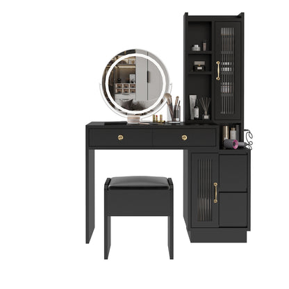 Makeup Vanity Table & Slim Armoire Wardrobe Set - Black, LED Mirror & Power Outlets