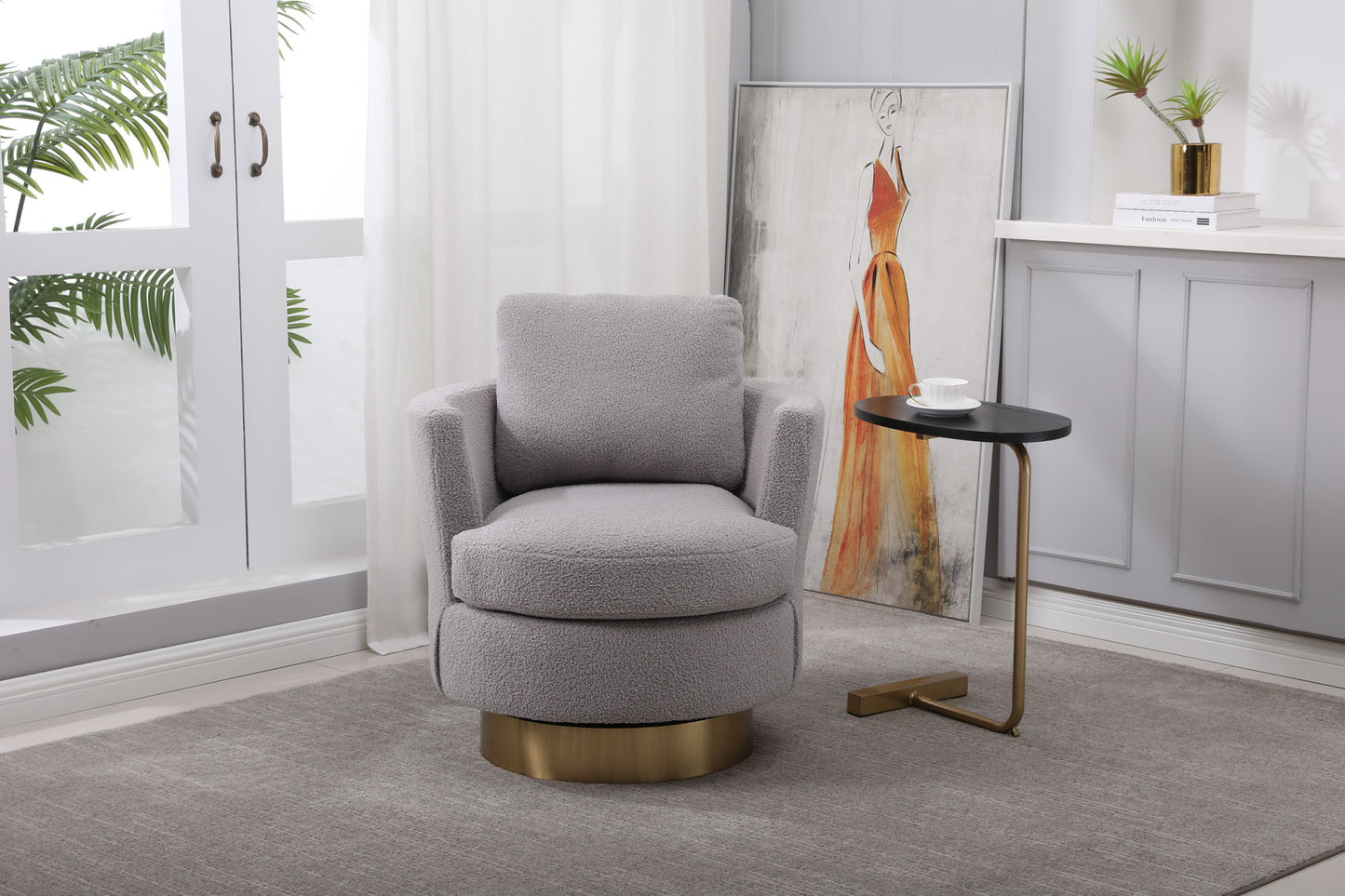 Swivel Barrel Chair with Gold Stainless Steel Base, Gray Accent Chair