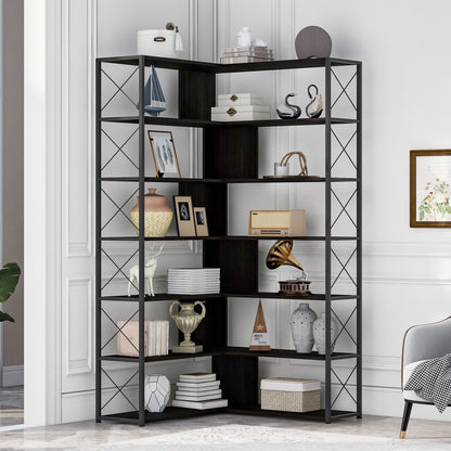 7-Tier L-Shaped Corner Bookcase - Industrial Style Home Office Bookshelf