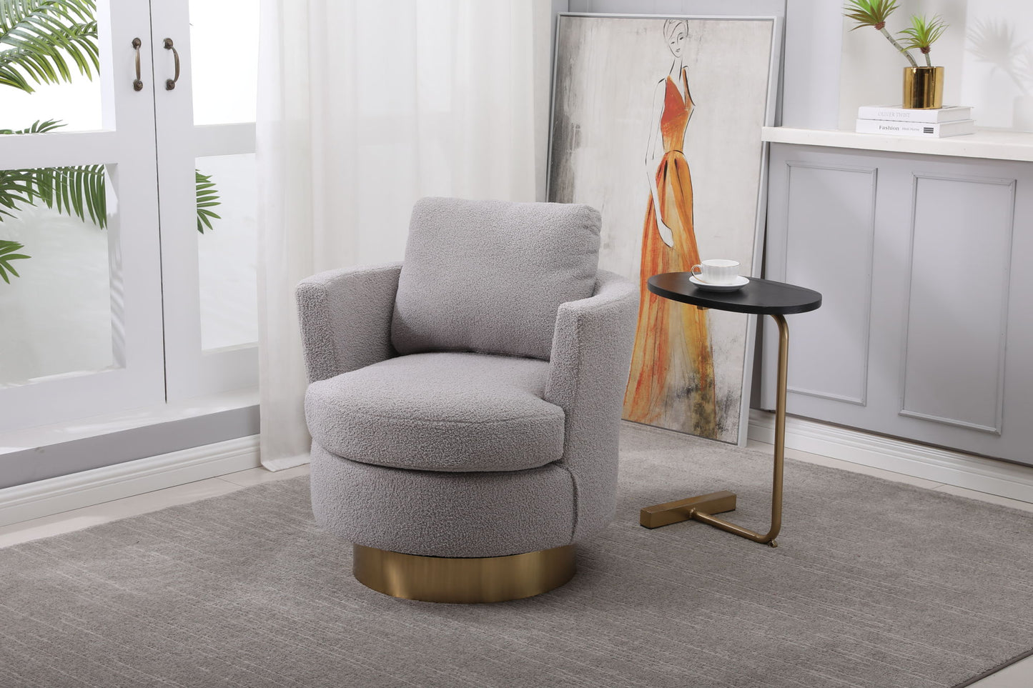 Swivel Barrel Chair with Gold Stainless Steel Base, Gray Accent Chair