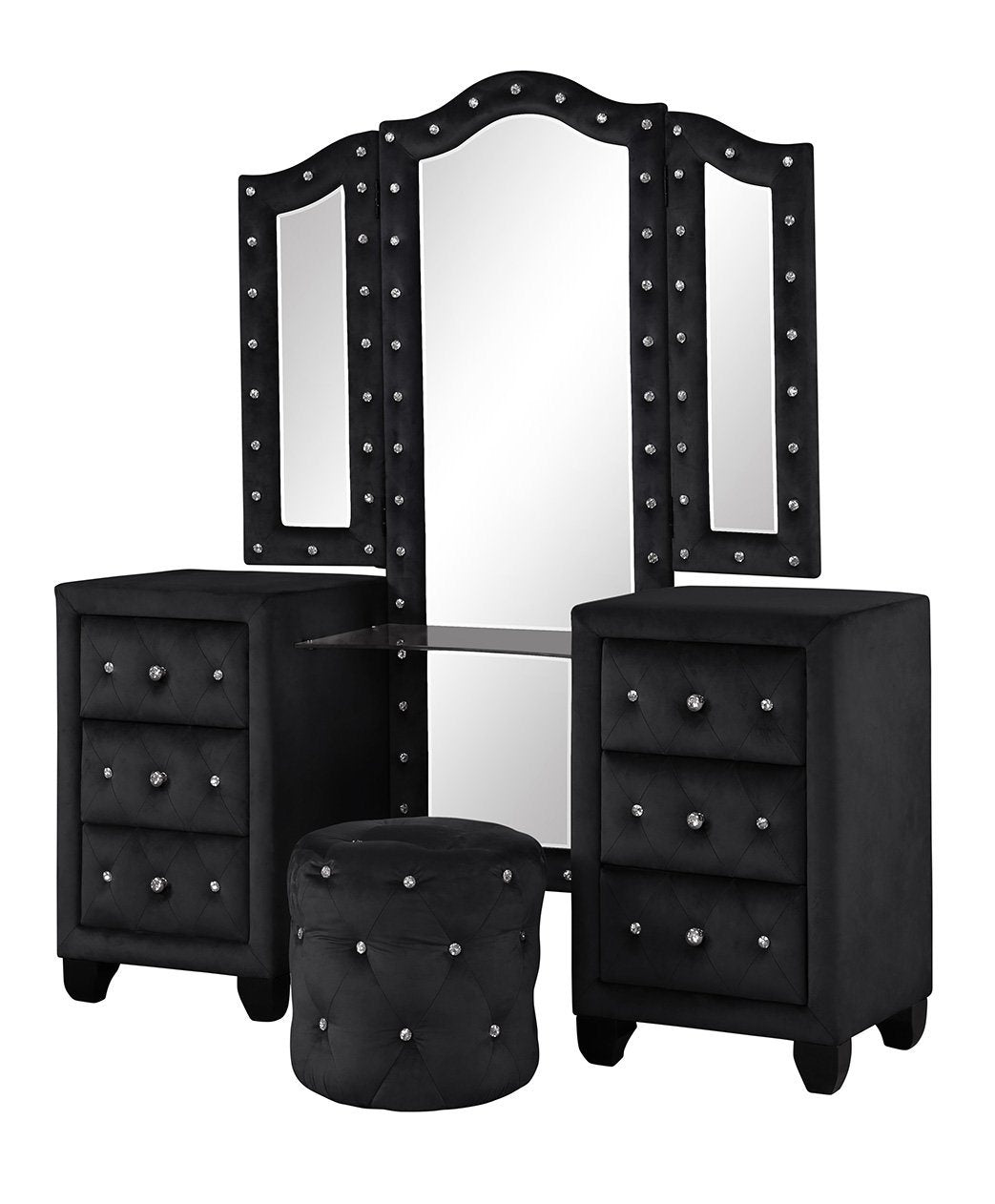 Maya Crystal Tufted King 4 Pc Vanity Bedroom Set - Wood, Black