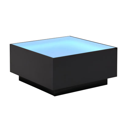 Square High Glossy Coffee Table with 16-Color LED Strip Lights | Black, 27.5" x 27.5"