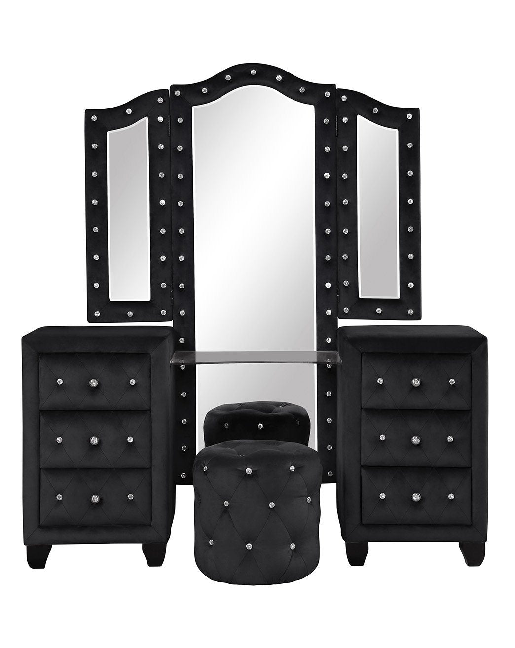 Maya Crystal Tufted King 4 Pc Vanity Bedroom Set - Wood, Black