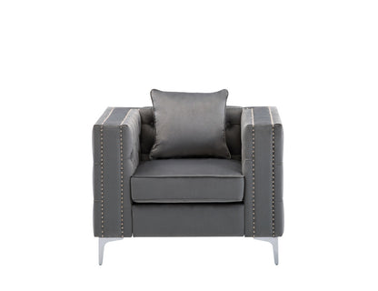 Gray Velvet Chair with Handmade Nailhead Trim and Button Tufted Design