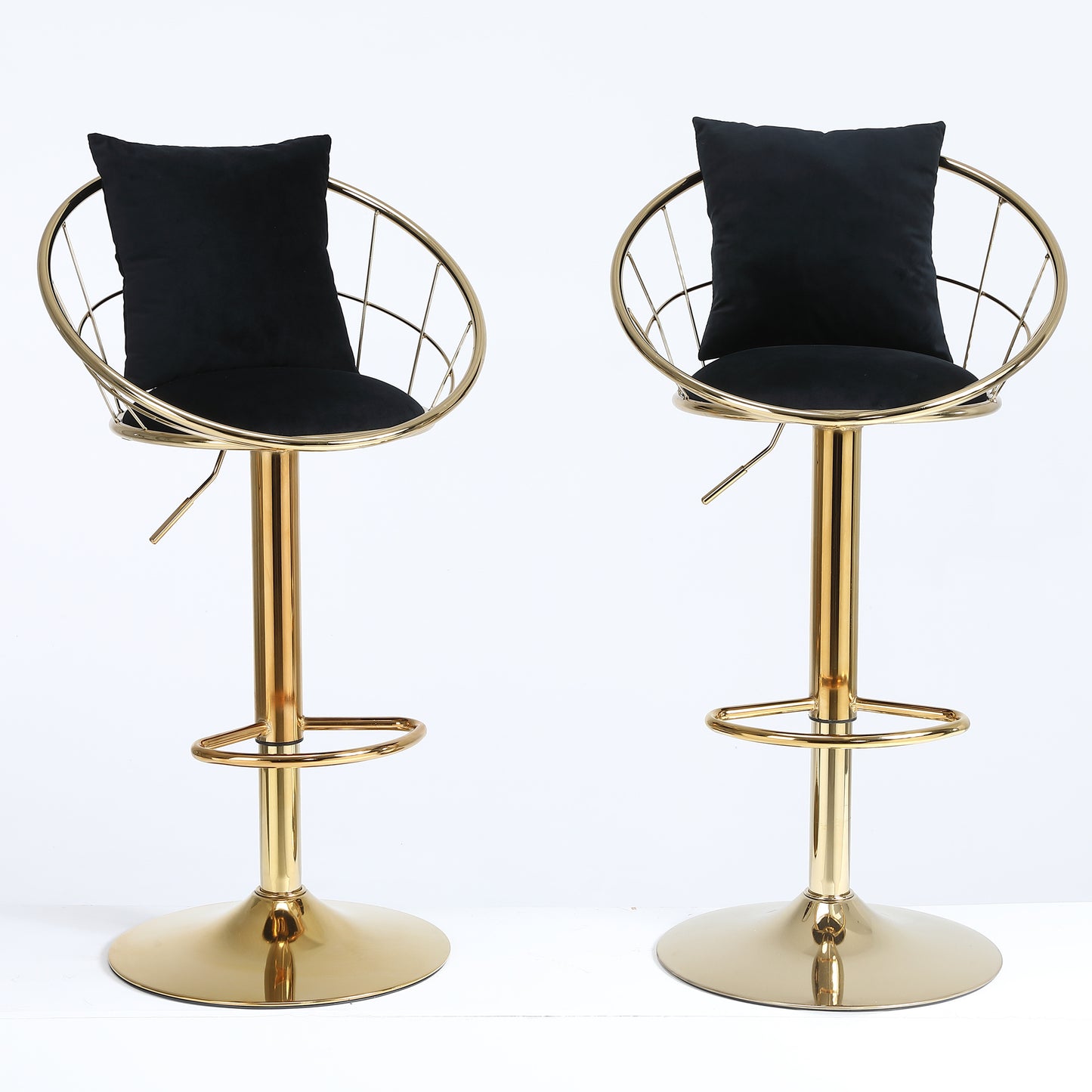 Black Velvet Bar Chair Set of 2 - Pure Gold Plated, 360° Rotation, Adjustable Height