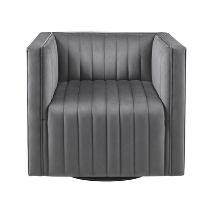 Channel Tufted Swivel Armchair - Modern Gray Velvet Accent Chair