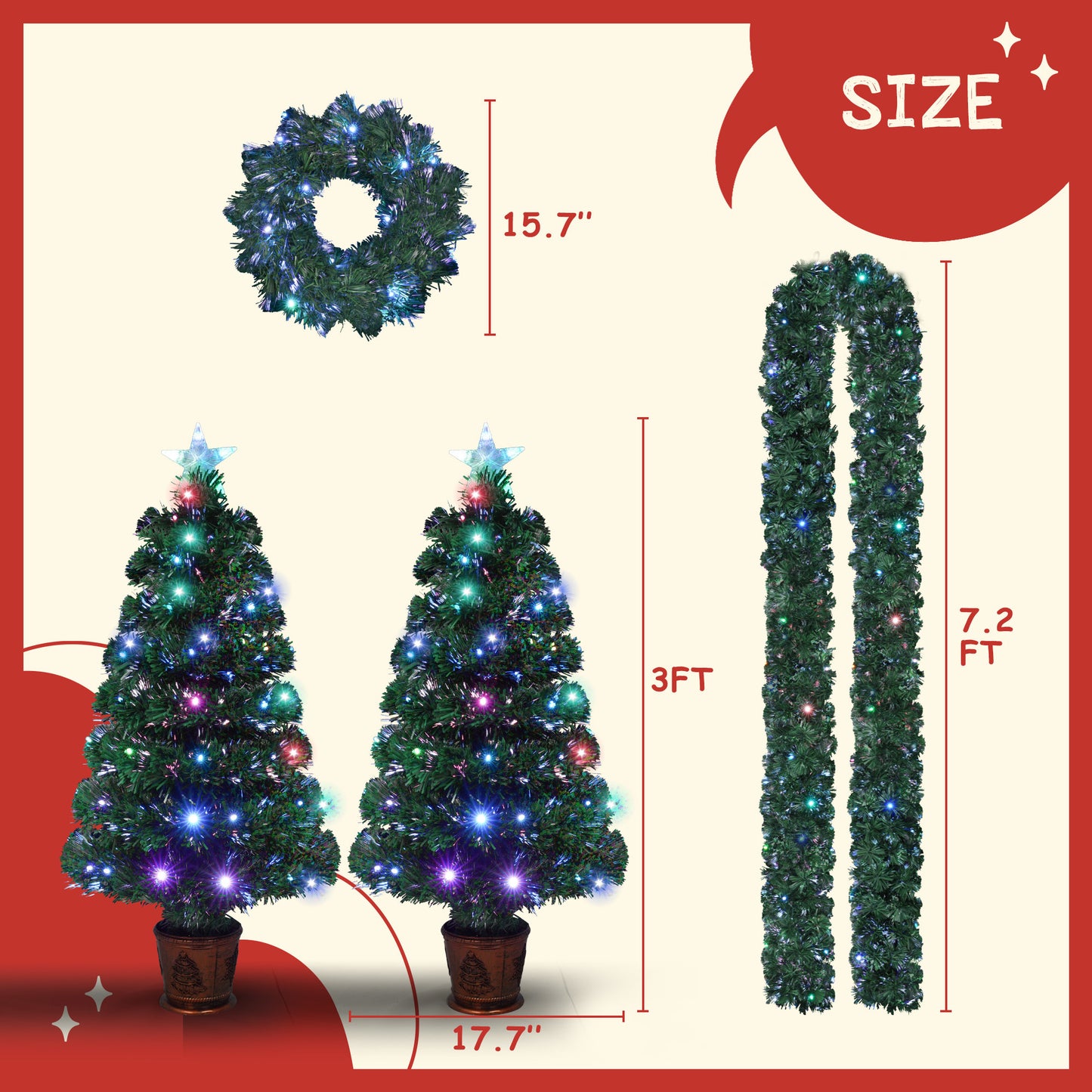 Pre-lit Optical Fiber Christmas Artificial Tree 4-Piece Set - Garland, Wreath, 2 Entrance Trees with Colorful Lights