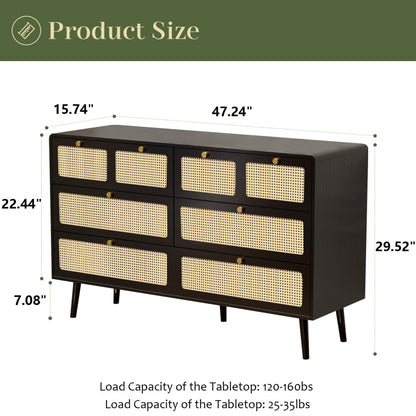 Modern Minimalist 6-Drawer Dresser with Rattan Door & Gold Handles