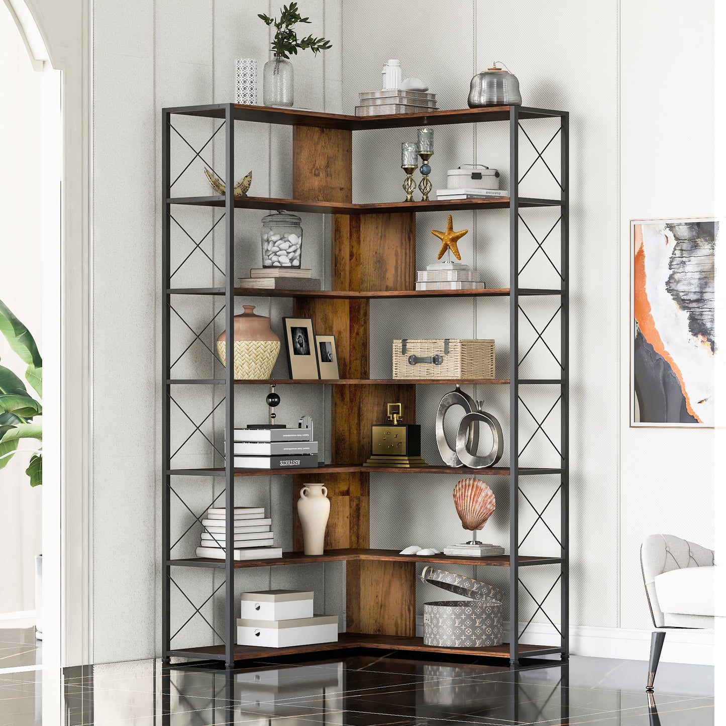 7-Tier L-Shaped Corner Bookcase - Industrial Style Home Office Bookshelf