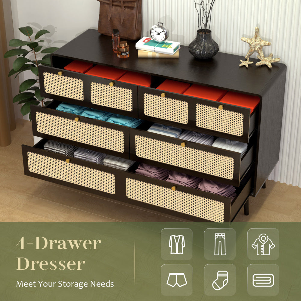 Modern Minimalist 6-Drawer Dresser with Rattan Door & Gold Handles