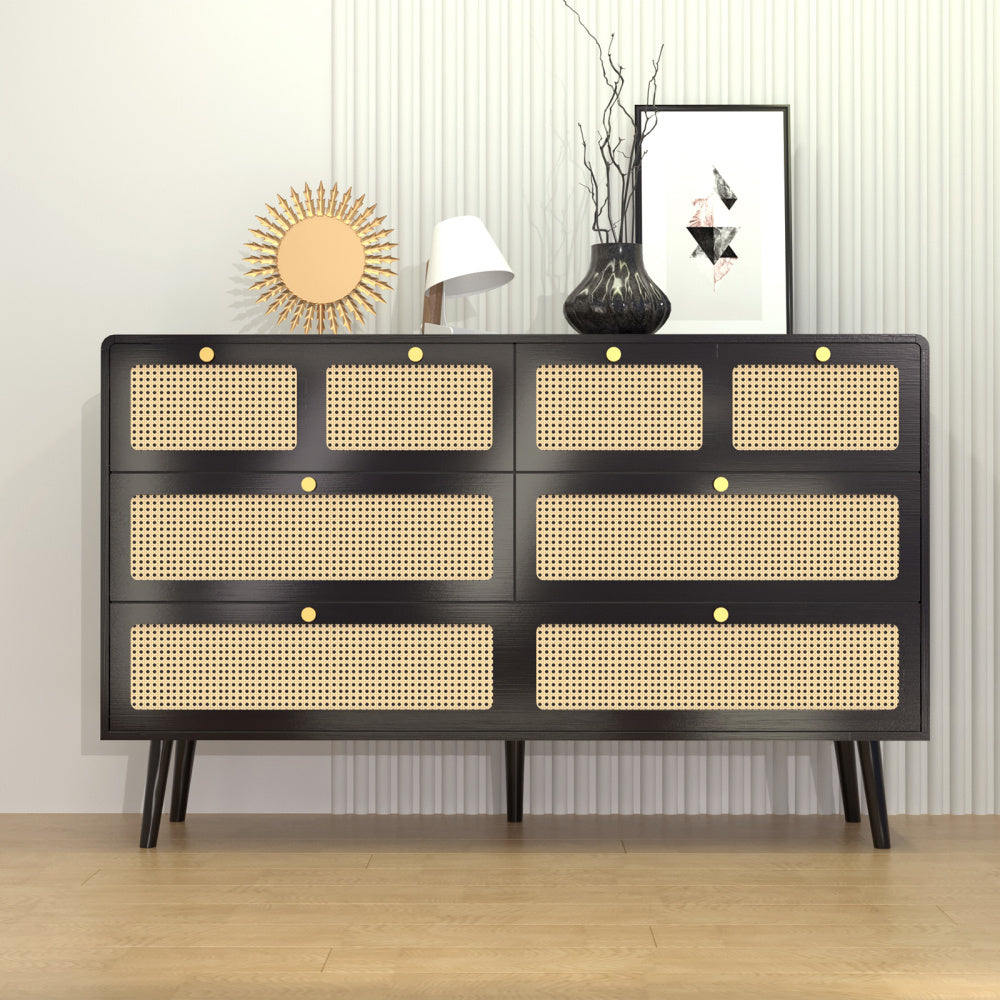 Modern Minimalist 6-Drawer Dresser with Rattan Door & Gold Handles