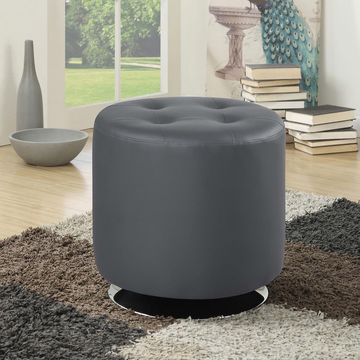 Gray Round Ottoman - Tufted Bonded Leather Upholstery with Chrome Swivel Base